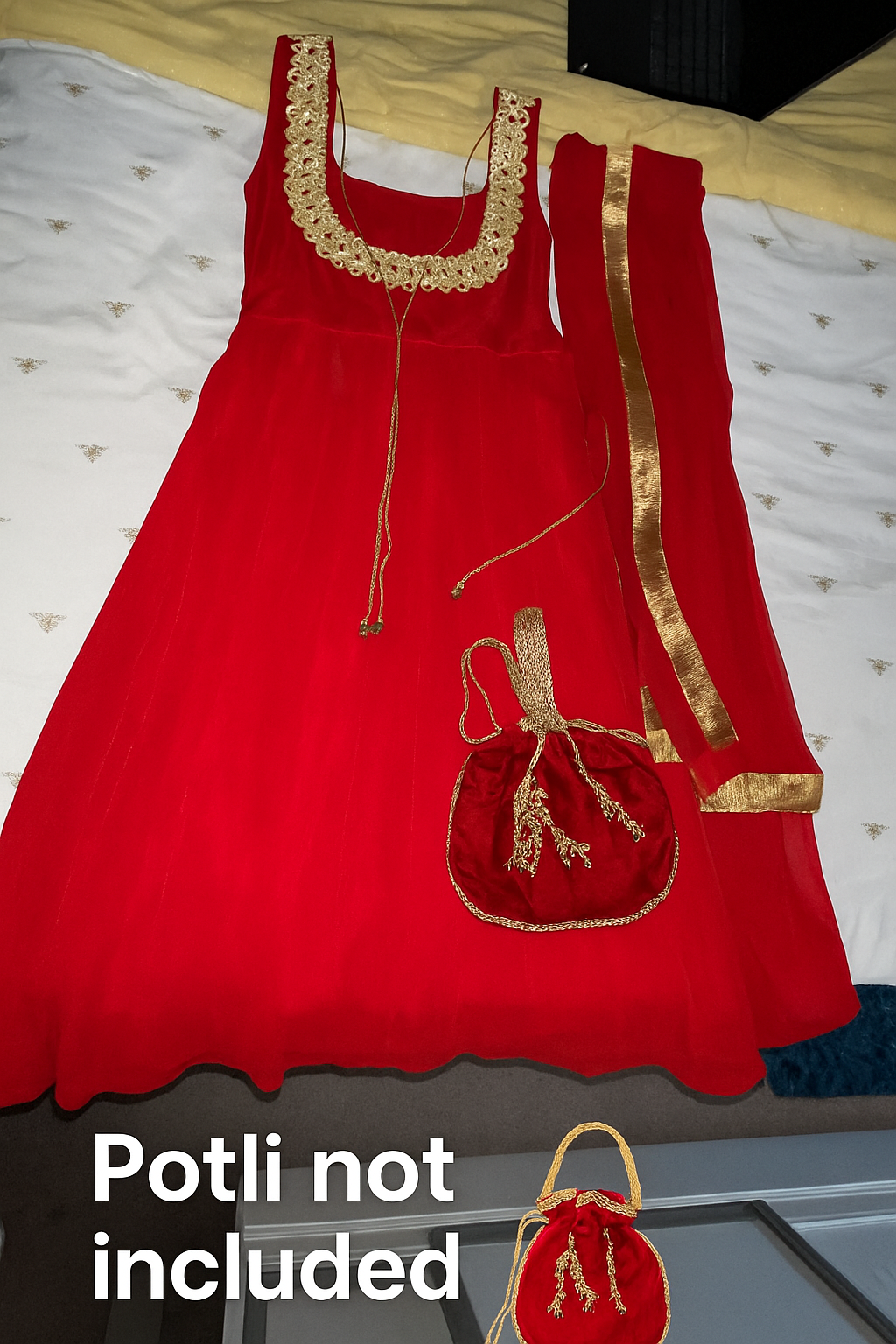 Red Anarkali Suit – Gold Trim (Dupatta Included)