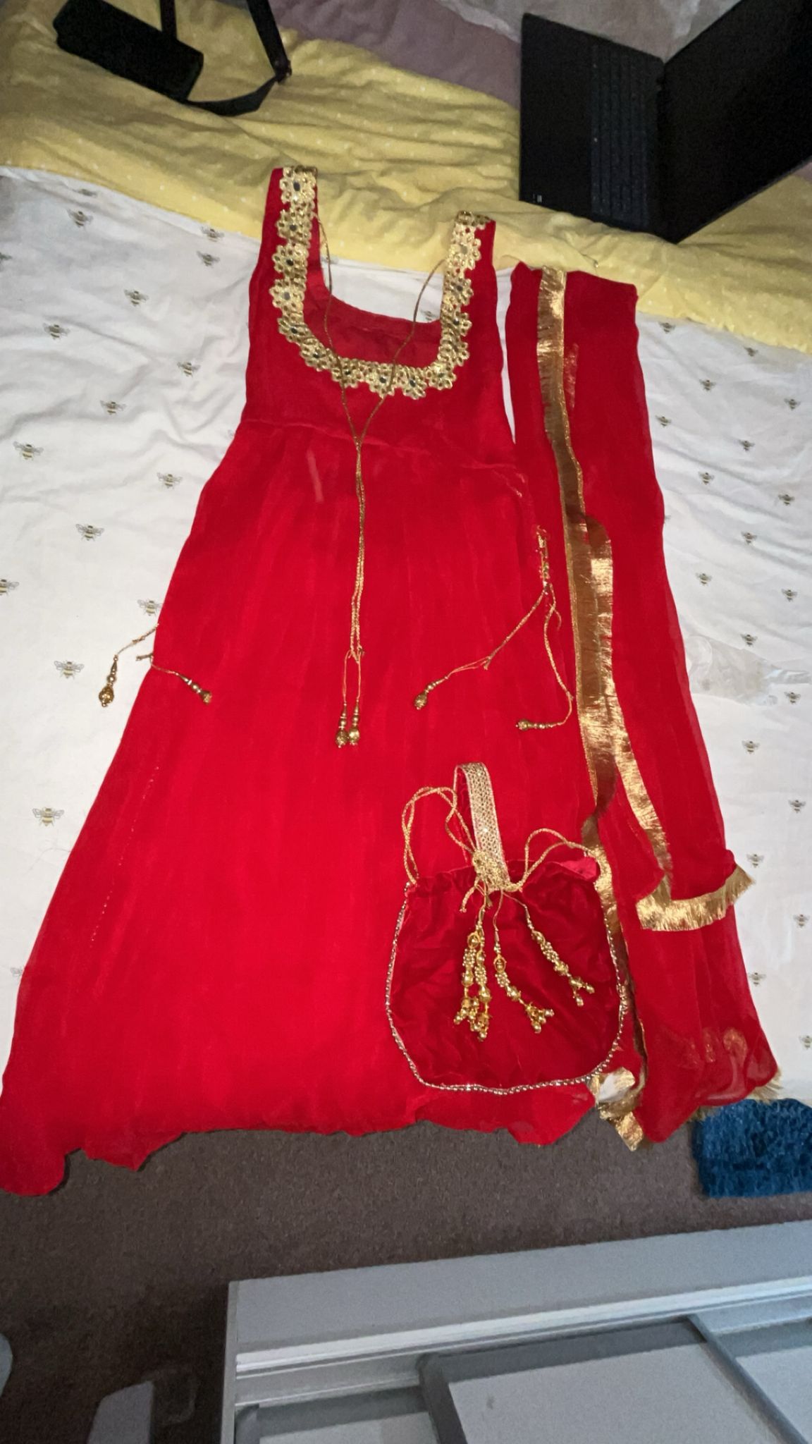 Red Anarkali Suit – Gold Trim (Dupatta Included)